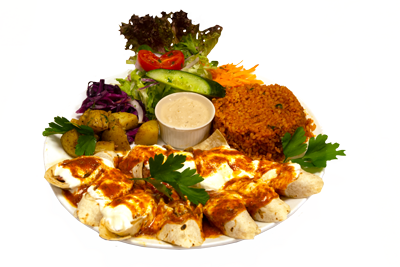 BEYTI /269,- Velg om Beyti Adana kebab / Beyti marinerte kylling eller Beyti dønerkjøtt rullet i tortilla brød. Serveres med yoghurt, tomatsaus, bulgur, salat (M,HV)