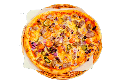 PIZZA HOT M/209,- S/249,- Biff, jalapeños, cherrytomat, løk, kjøttboller, oliven(M,HV)